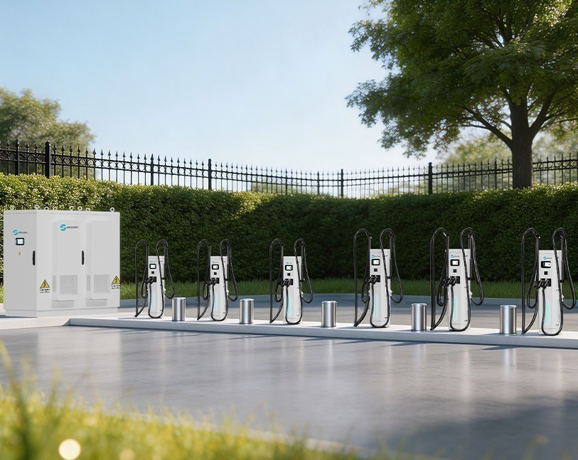 DC-snellaadsysteem met power cabinet en satellietladers op een parkeerterrein